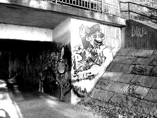 Pont et graffitis " Mario Bros " bridge graffitis  /  Ängelholm - Sweden / Suède - 23 octobre 2008 - B & W