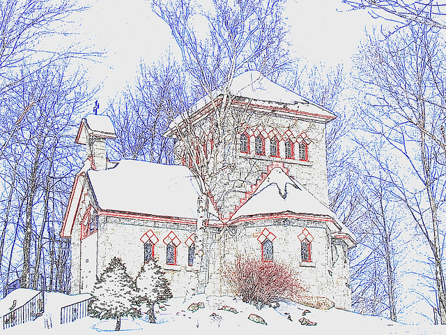 Tour St-Benoit de l'abbaye du même nom -  Région des cantons de l'est au Québec..   Février 2009- Contours de couleurs