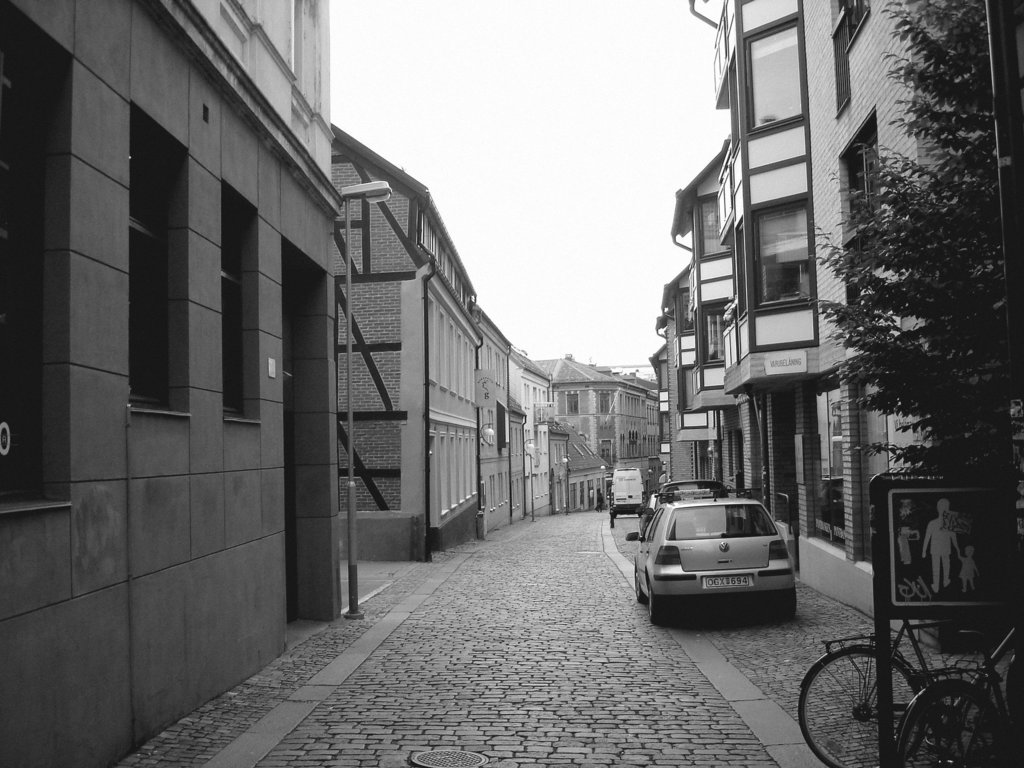 Vue apaisante sur ruelle étroite / Varubelaning narrow street eyesight - Helsinborg / Suède - Sweden.  22 octobre 2008 -  N & B