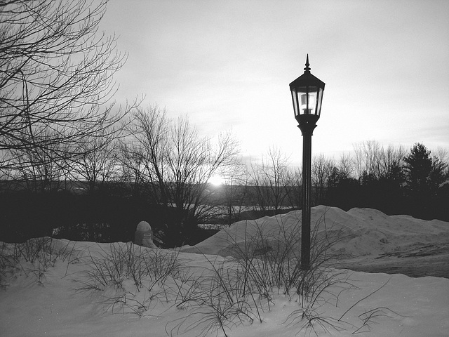Soleil levant sur l'abbaye de St-Benoit-du-lac - Québec. Canada - 7 février 2009  -  B & W