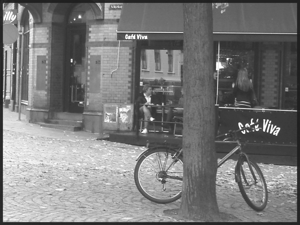 Le vélo du cafetier / Café Vila blue swedish bike scenery - Helsingborg / Suède - Sweden.  22 octobre 2008-   N & B et cadre noir