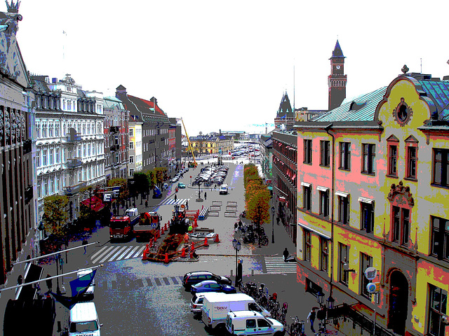 Du haut des escaliers menant à la Tour Viking / From the top of the tower stairs.   Helsinborg / Suède - Sweden.   22 octobre 2008 - Version postérisée