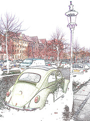 VW et lampadaire /  VW & street lamp - Copenhagen. 26-10-2008 -  Contours de couleurs - Colorful outlines