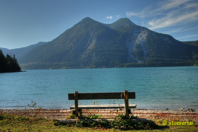 View to "Herzogstand" from east bank of lake "Walchensee"