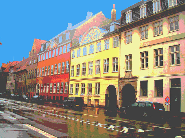 Pavé mouillé et façade danoise / - Wet pavement & danish façade.  Copenhague.  26 -10 -2008 - Postérisation