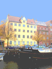 Bateau- auto- lampadaire et belles fenêtres /  Kobenhavn blue vehicule with windows & street lamp zone.   Copenhague / Copenhagen.  26-10-2008 -  Postérisation