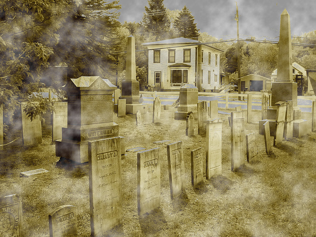 Cimetière de Johnson  /  Johnson's cemetery -   Vermont .  USA /  États-Unis.  23 mai 2009 -  Sepia au ciel bleu + effet brume blanche DSC09887