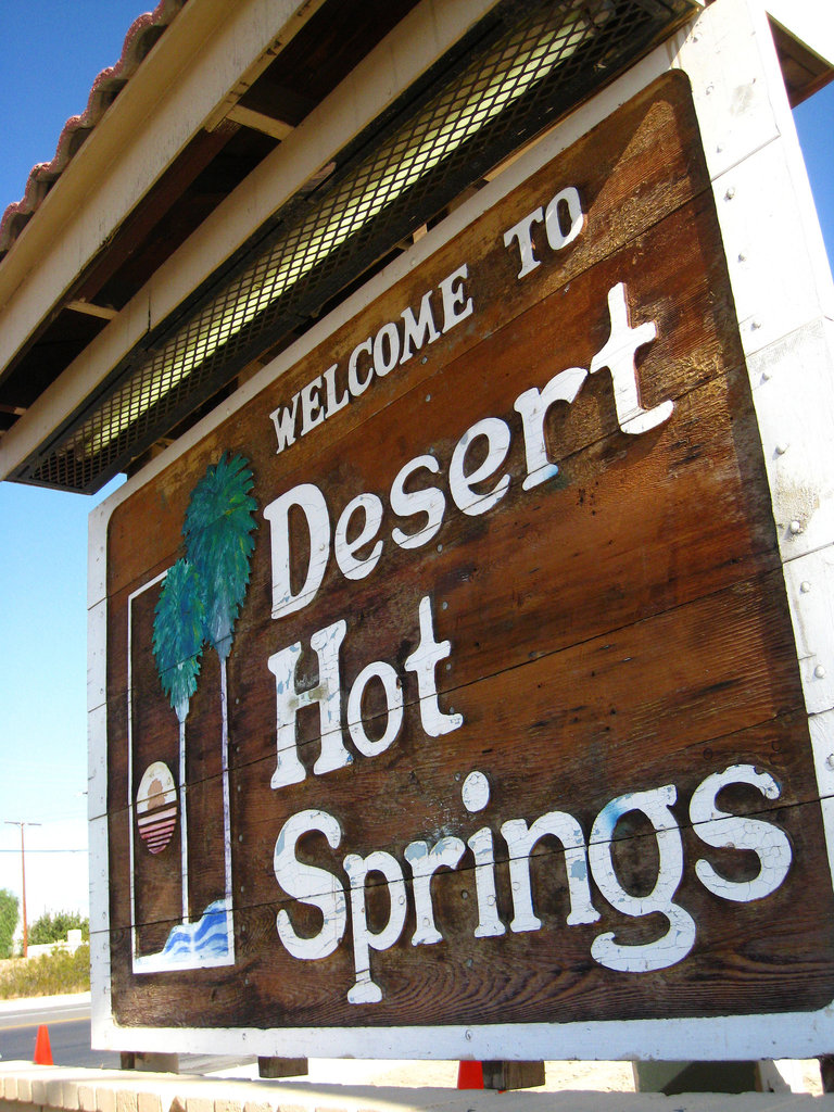 Welcome to Desert Hot Springs sign - Palm Drive & Camino Aventura (4443)