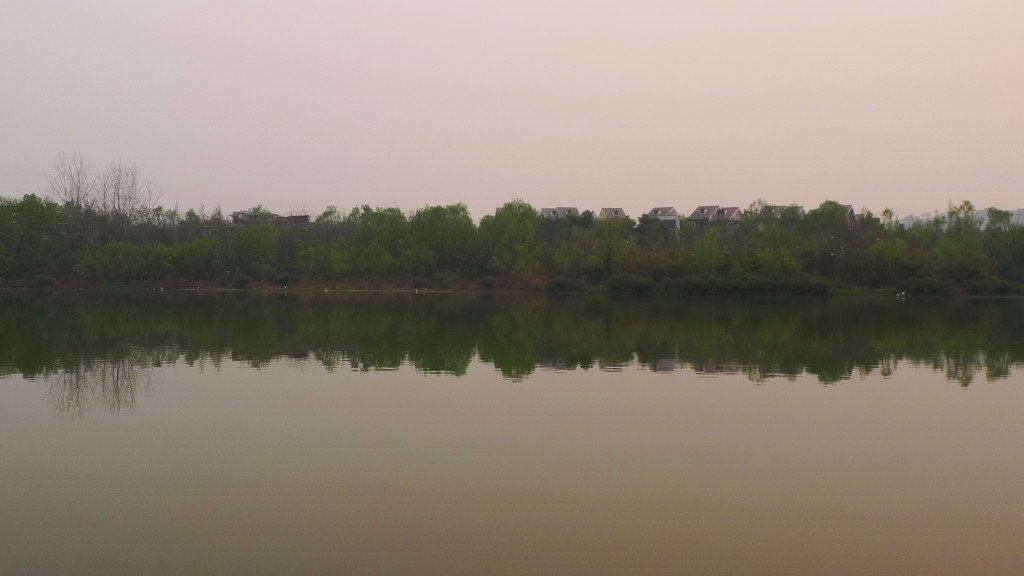 Sunset above park lake
