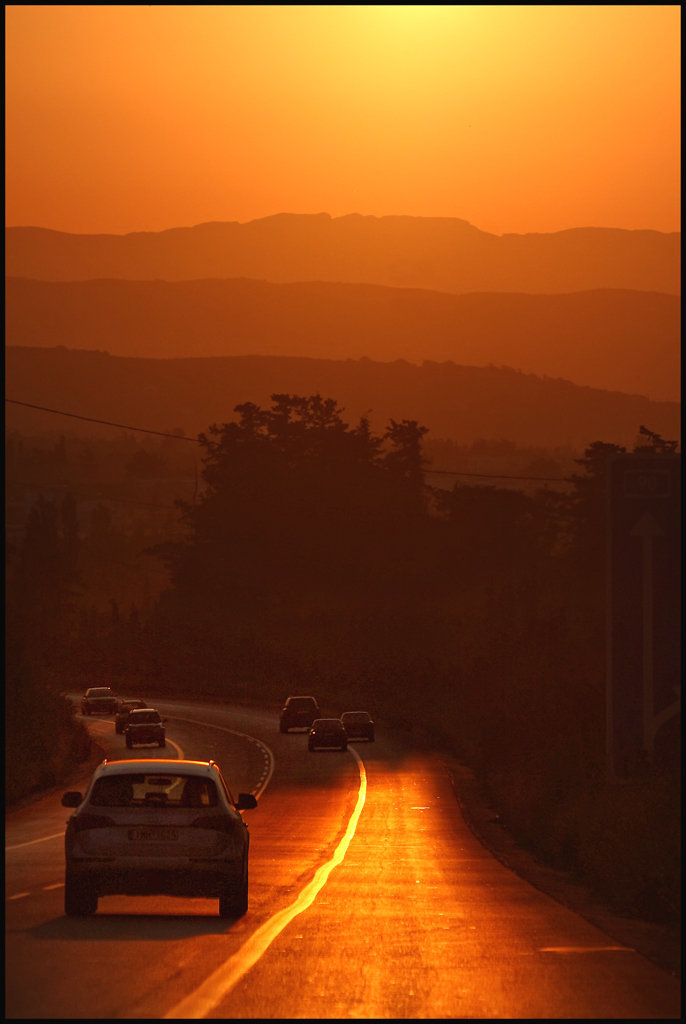 driving home in the sunset