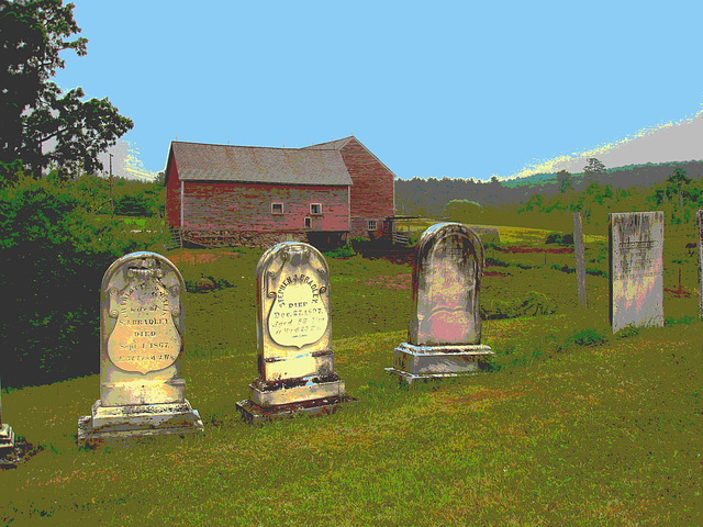 Lake Bomoseen private cemetery. Sur la 4 au tournant de la 30. Vermont, USA - États-Unis. - Postérisation avec  ciel bleu photofiltré