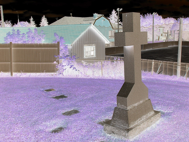 Cimetière de campagne du Québec /  Country cemetery in Quebec. - Cabanon funéraire, croix et patinoire - Shed, cross and skating rink