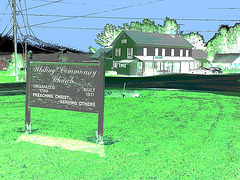 Whiting church cemetery. 30 nord entre 4 et 125. New Hampshire, USA. 26-07-2009 -  Négatif RVB avec ciel bleu photofiltré + postérisation DSC00169