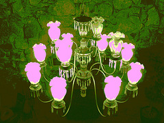 Econolodge. Mendon. Vermont - USA.  26 juillet 2009 -   Lustre de luxe - Luxurious chandelier -  Éclairage photofiltré.