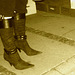 Duo orangé de belles Danoises en bottes à talons hauts / Orange Danish Duo in high-heeled boots - Avec permission /  With permission.  Copenhague, Danemark - 25-10-2008-  Sepia