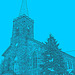 Église et cimetère  - Contours noirs en bleu photofiltré
