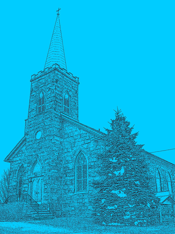 Église et cimetère  - Contours noirs en bleu photofiltré