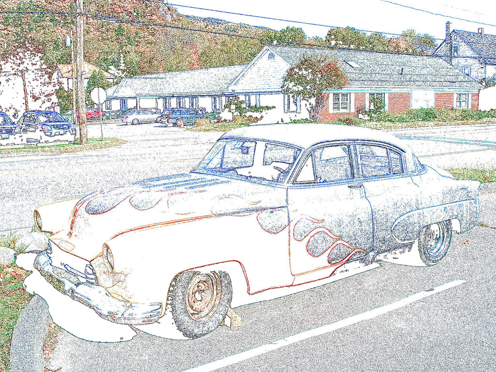 Psychedelic old car for sale / Vieille voiture psychédélique à vendre - Contours de couleurs