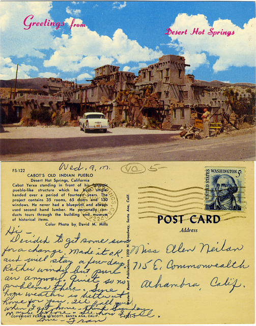 Cabot's Old Indian Pueblo postcard 2-sided