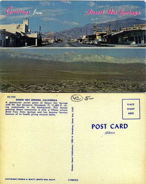 Desert Hot Springs Palm Drive postcard 2-sided