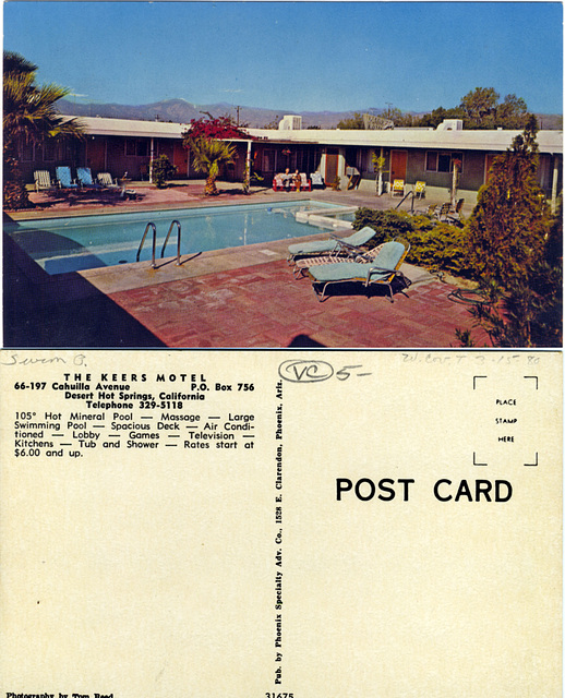 Keers Motel (66197 Cahuilla Ave.) postcard 2-sided
