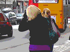 Danish blond in black and flat pale sexy pale boots /  Danoise blonde en bottes pâles à talons plats - Copenhague, Danemark.  20 octobre 2008- Postérisation