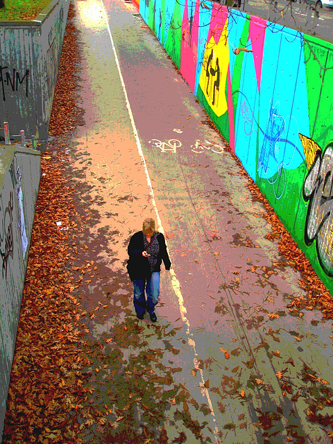 Blonde Danoise un peu dodue à son cellulaire / Chubby sexy blond on flats at her cell phone - Copenhague, Danemark.  20 octobre 2008. -  Postérisation