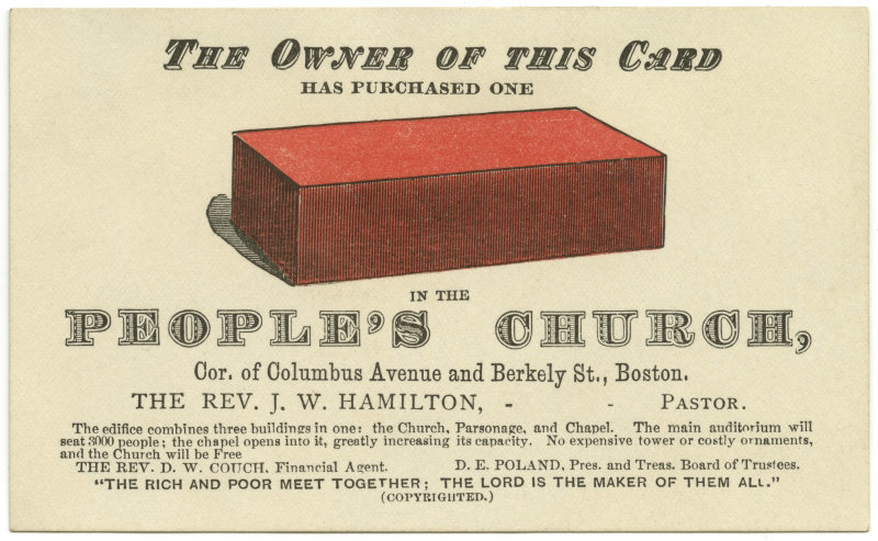 The Owner of This Card Has Purchased One Brick in the People's Church, Boston, Mass., ca. 1880