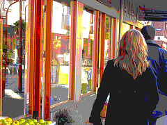Fruits display blond in short dress and pale sexy chunky heeled boots /   Blonde suédoise en jupe courte et bottes sexy - Ängelholm /  Sweden - Suède - 23-10-2008 - Postérisation et couleurs ravivées