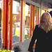 Fruits display blond in short dress and pale sexy chunky heeled boots /   Blonde suédoise en jupe courte et bottes sexy - Ängelholm /  Sweden - Suède - 23-10-2008 - Postérisation et couleurs ravivées