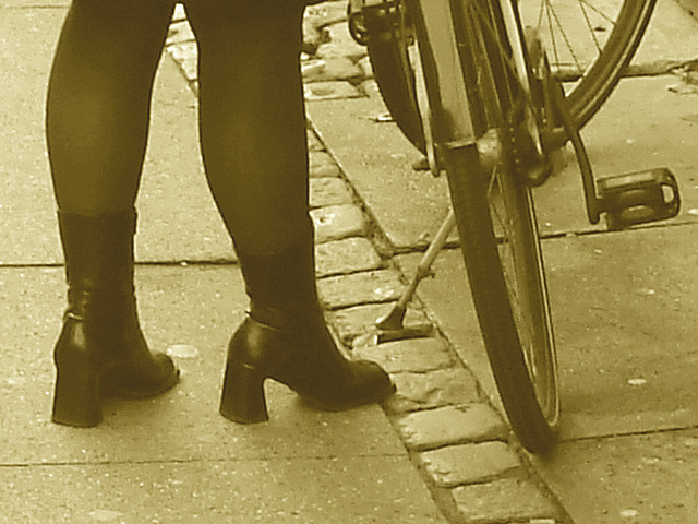 Bageri blonde Danish mature biker in chunhy hammer heeled boots /  Copenhagen, Denmark - 19-10-2008- Sepia