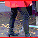 Choklad blond swedish Lady in red with sexy high-heeled boots / Blonde en rouge avec bottes de cuir à talons hauts-  Postérisation avec cadre rouge
