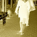 Fruits display blond in short dress and pale sexy chunky heeled boots /   Blonde suédoise en jupe courte et bottes sexy - Ängelholm /  Sweden - Suède - 23-10-2008 - Négatif sépiatisé