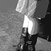 Blonde danoise à chapeau en bottes à talons hauts / Blond danish hatter in high-heeled boots -  Copenhagen, Denmark / Copenhague, Danemark.   20 octobre 2008-  N & B postérisé
