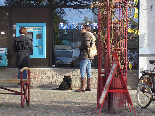 Handlesbanken booted swedish Lady with her dog /  La Dame bottée Handlesbanken avec son petit chien mignon.