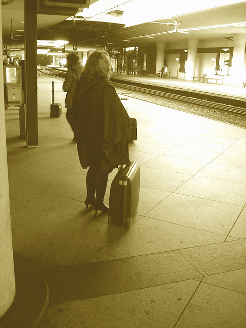 Danoise blonde en bottes de cuir à talons hauts /  Danish blond in leather high-heeled boots  -  Copenhague / Copenhagen.  20 octobre 2008 - Sepia