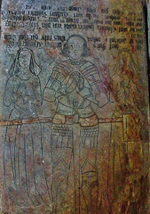 watton at stone church, herts.detail of the incised alabaster tomb slab to john boteler and his two wives.  the first died in  1471.