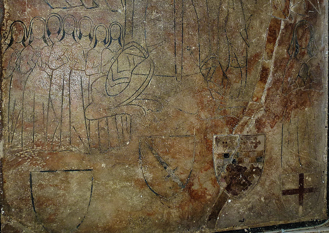 watton at stone church, herts.detail of the incised alabaster slab to john boteler and his two wives.  the first died in  1471.