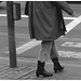 Street corner curly Mature Lady in sexy high-heeled boots and jeans /  Dame mature aux cheveux bouclés en bottes à talons hauts et jeans -  Copenhage, Danemark.  19-10-2008 - N & B