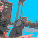 Street corner curly Mature Lady in sexy high-heeled boots and jeans /  Dame mature aux cheveux bouclés en bottes à talons hauts et jeans -  Copenhage, Danemark.  19-10-2008-  Ciel bleu photofiltré et postérisation