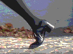 Direkten hatter in chunky heeled shoes and sexy skirt /  Suédoise à chapeau en jupe sexy et souliers à talons trapus / Postérisation