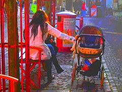Maman suédoise en bottes sexy /  Mom in sexy boots and jeans on the bench  boots - Ängelholm / Suède - Sweden.  23 octobre 2008- Couleurs ravivées en postérisation