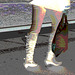 Blonde suédoise en jeans et bottes sexy / Double blue train blond Lady in jeans and low-heeled boots - Ängelholm / Sweden - Suède /  23 octobre 2008   - Négatif postérisé