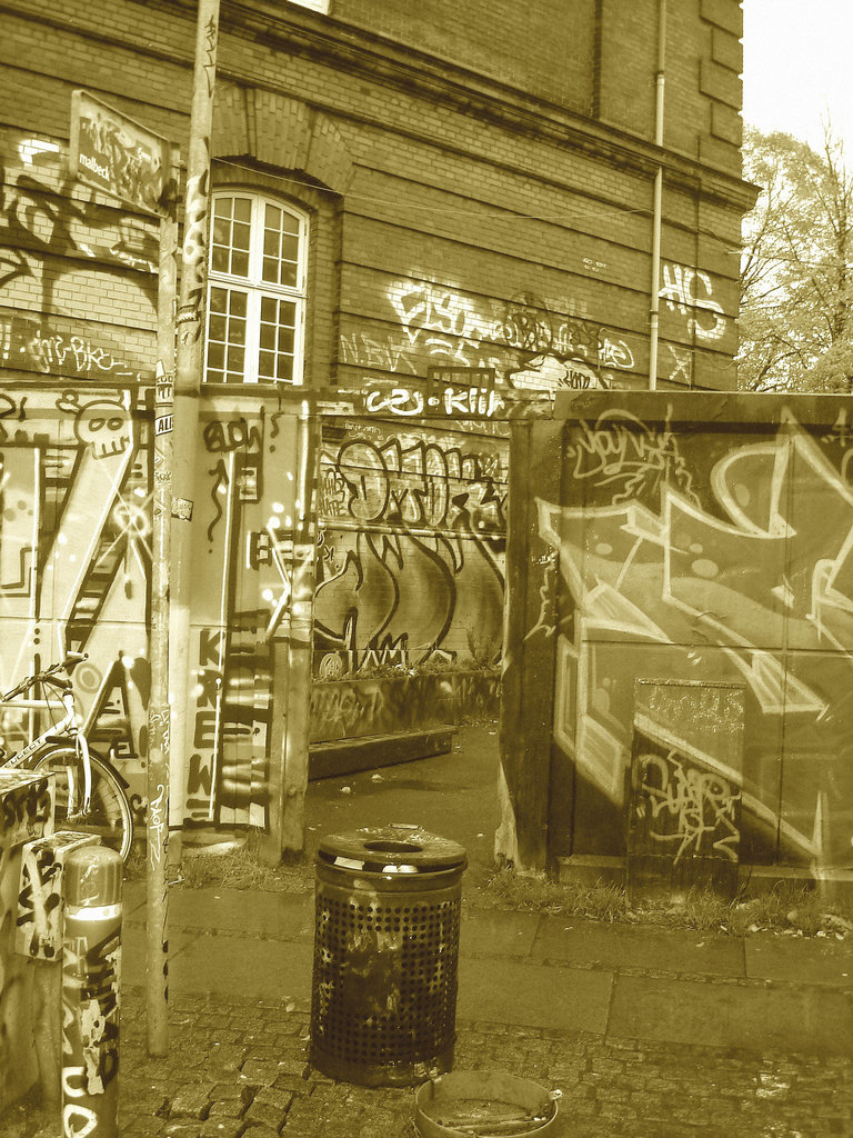 Poubelle et fenêtre artistique / Artistic garbage and window - Christiania / Copenhagen - Copenhague.  26 octobre 2008.- Sepia