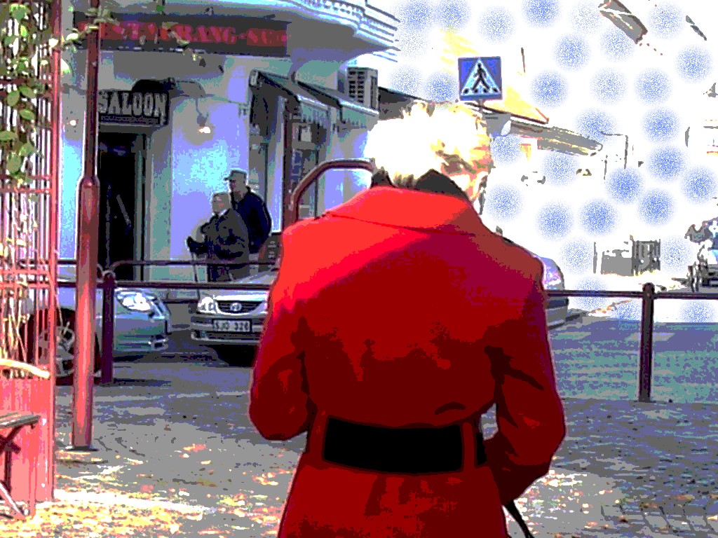 Grande blonde séduisante en bottes à talons hauts / Tall red Swedish blond lady in high-heeled boots - Ängelholm / Suède - Sweden.  23-10-2008 - Postérisation avec aérosol bleu.