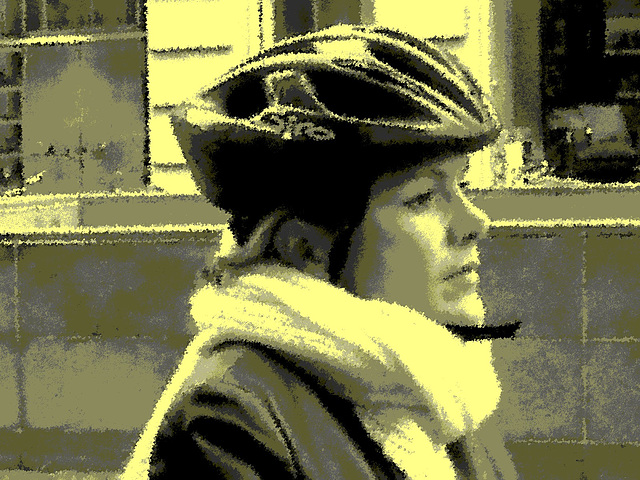 La Cycliste Giro / Giro Lady biker - Copenhague / Copenhagen - Danemark / Denmark.  20 octobre 200- Double pointillisme vintage postérisé