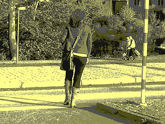 Tall readhead Lady in sexy chunky heeled beige boots / Grande rouquine en bottes beiges sexy  - Ängelholm / Suède - Sweden. 23 octobre 2008 - Vintage postérisé