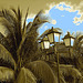 Lampadaires / palmiers / nuages -  Street lamps / palm trees / clouds - Varadero, CUBA.  3 février 2010 - Sepia avec ciel bleu photofiltré