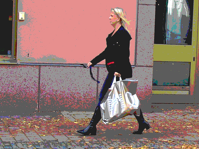 Swedish blonde booted shopper with sexy boots /  Blonde suédoise en bottes sexy faisant ses courses - Ängelholm / Suède - Sweden.  23-10-2008-  Postérisation