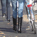 Cycliste en bottes à talons hauts / Walking Swedish biker in jeans & high-heeled boots at her cell phone - Ängelholm  / Suède - Sweden.  23-10-2008